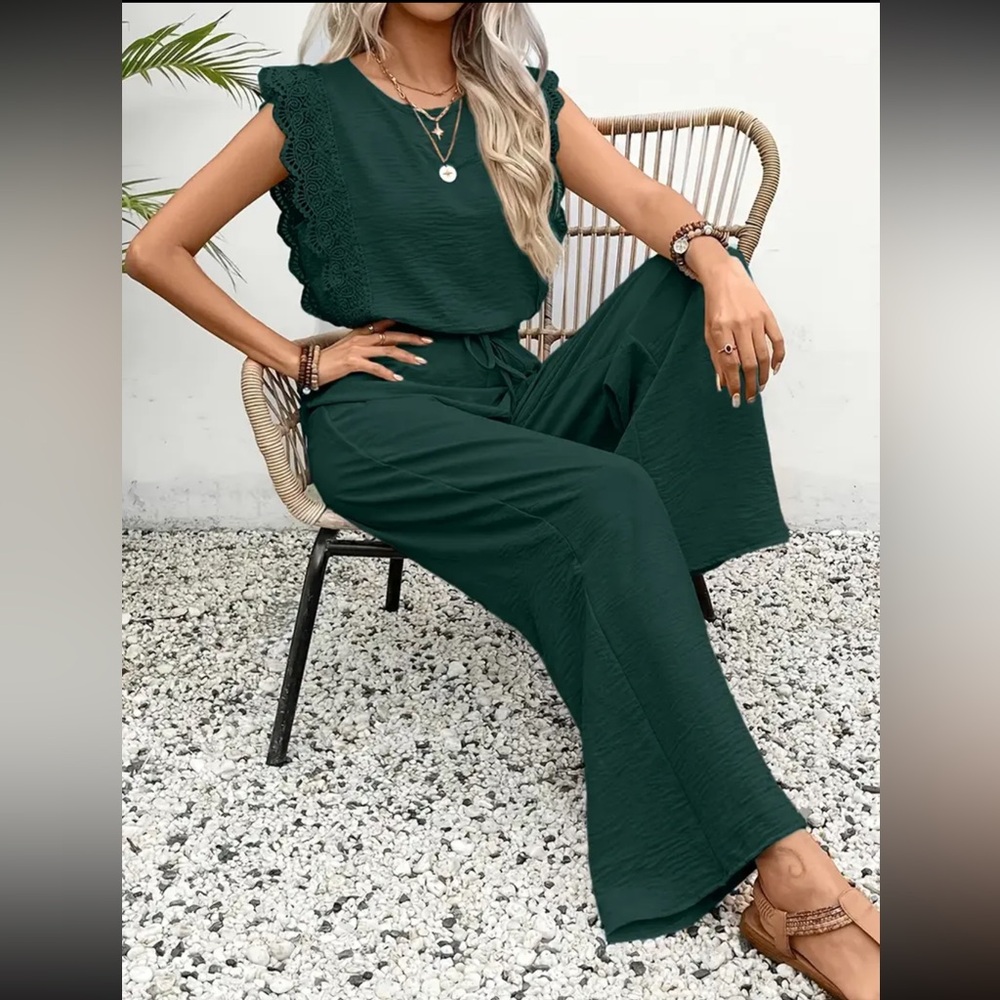 Elegant Dark Green 2 Piece Set Wide Leg High Waist Pants and Top Set New Size - Picture 4 of 5
